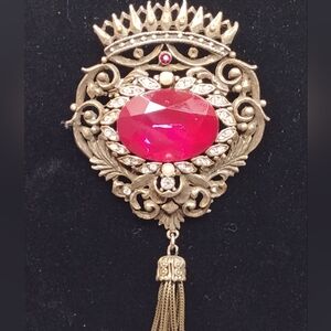 Vintage Sorrento Oversized 5" Tassel Brooch – Ruby Red Victorian Revival